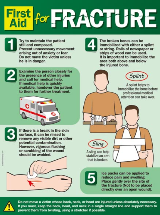 A step-by-step infographic on first aid measures for falls and fractures.