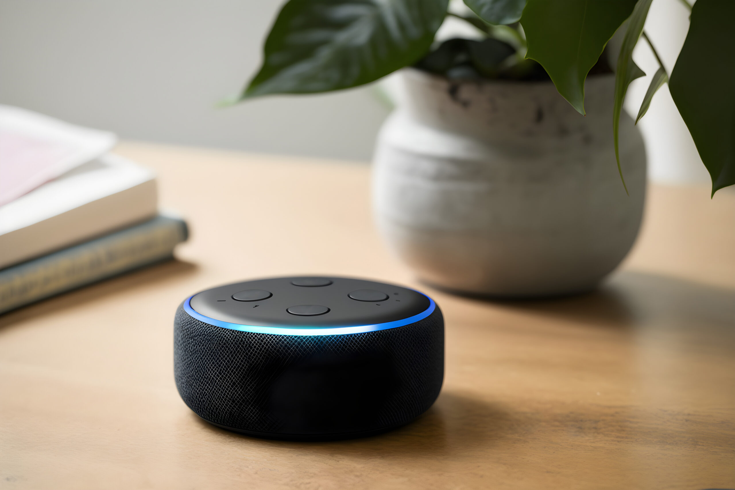 Amazon Echo sitting on a table.