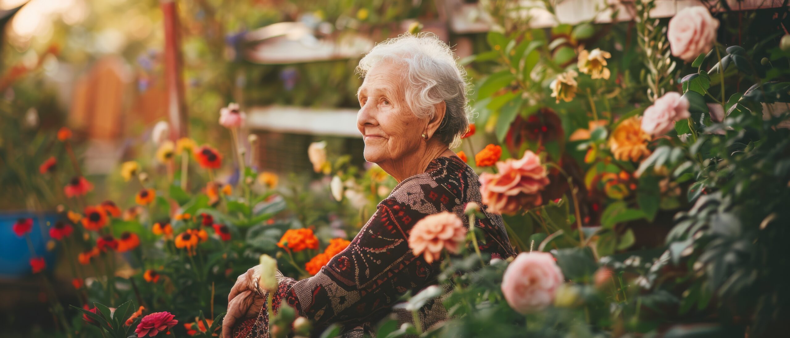 Senior woman sitting in front of a wooden fence in home garden. 