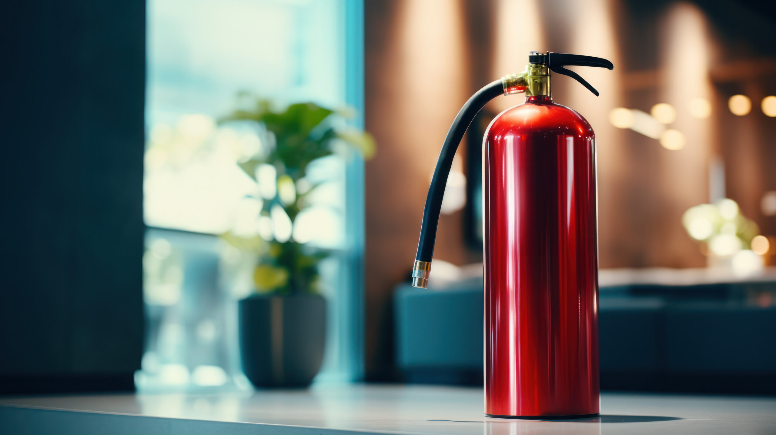 Fire extinguisher sitting on a countertop. 