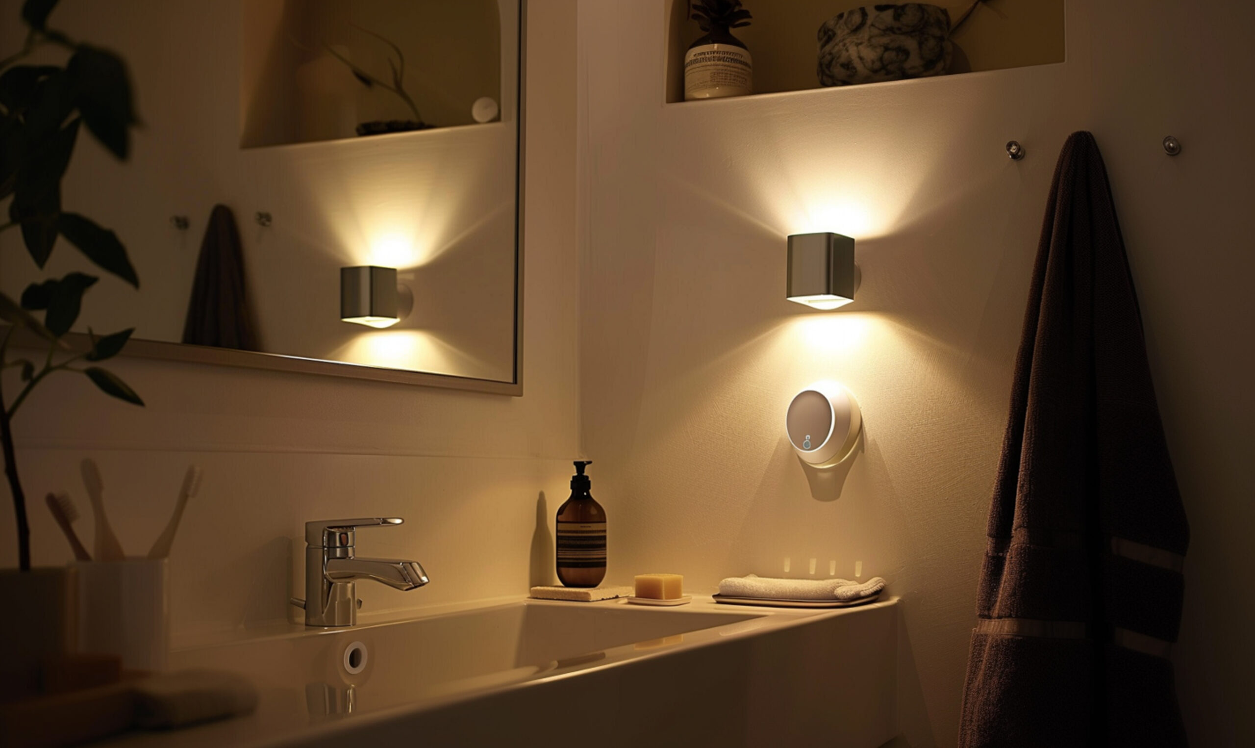 Bathroom with chic nightlight over the sink. 